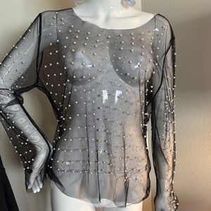 Elegant Black Sheer Pearl-Embellished Top